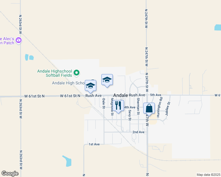 map of restaurants, bars, coffee shops, grocery stores, and more near 500 Rush Avenue in Andale
