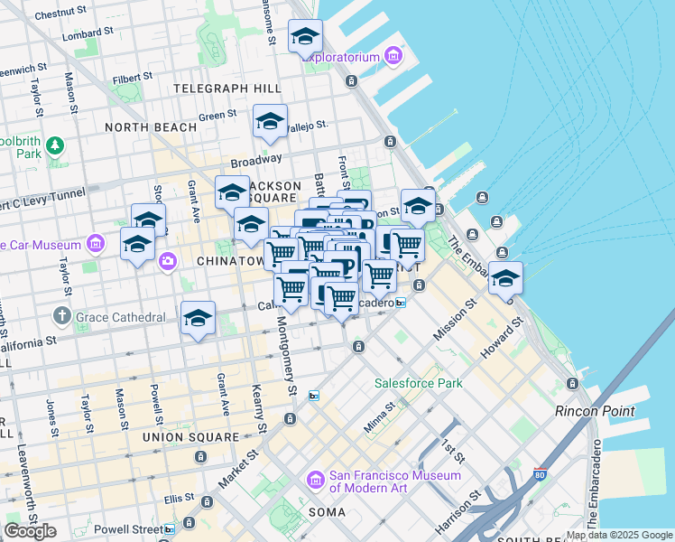 map of restaurants, bars, coffee shops, grocery stores, and more near 300 Battery Street in San Francisco