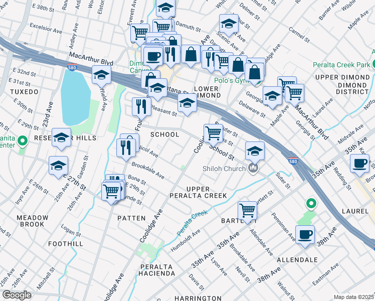 map of restaurants, bars, coffee shops, grocery stores, and more near 3146 Cuthbert Avenue in Oakland