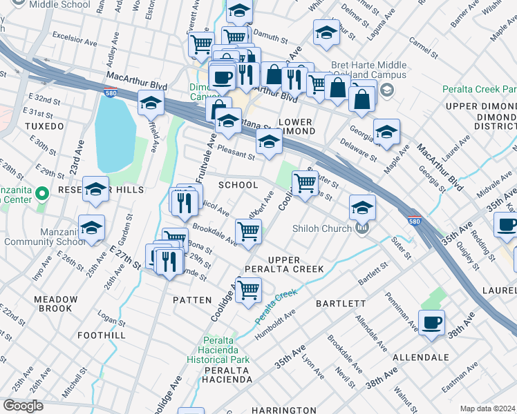 map of restaurants, bars, coffee shops, grocery stores, and more near 3146 Cuthbert Avenue in Oakland