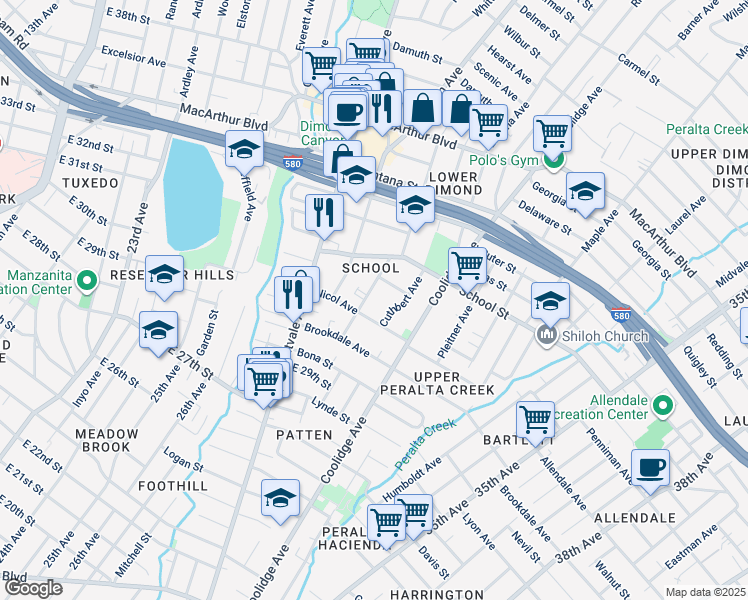 map of restaurants, bars, coffee shops, grocery stores, and more near 3022 Capp Street in Oakland
