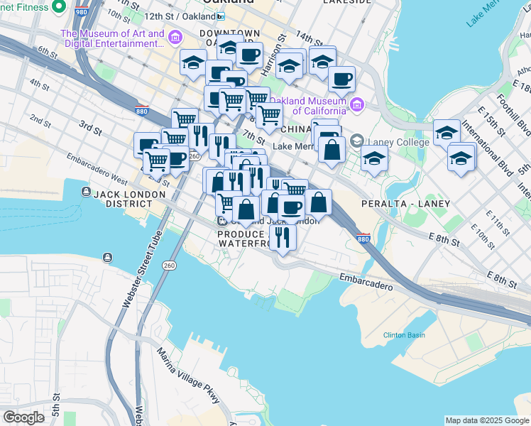 map of restaurants, bars, coffee shops, grocery stores, and more near in Oakland