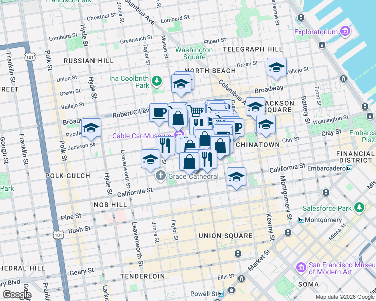 map of restaurants, bars, coffee shops, grocery stores, and more near 115 Wetmore Street in San Francisco
