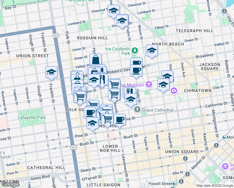 map of restaurants, bars, coffee shops, grocery stores, and more near 1400 Washington Street in San Francisco