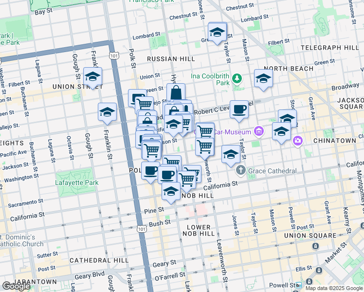 map of restaurants, bars, coffee shops, grocery stores, and more near 1465 Hyde Street in San Francisco