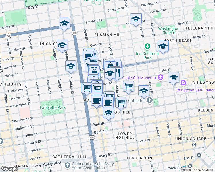 map of restaurants, bars, coffee shops, grocery stores, and more near 1664 Larkin Street in San Francisco