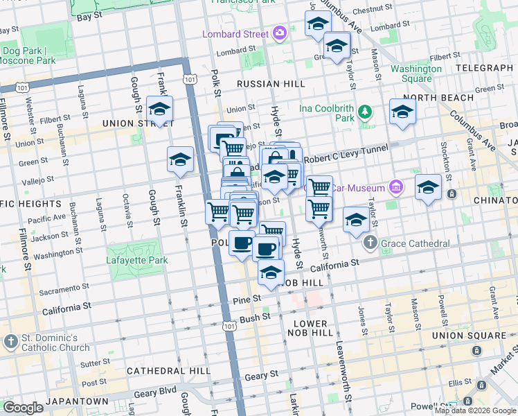 map of restaurants, bars, coffee shops, grocery stores, and more near in San Francisco