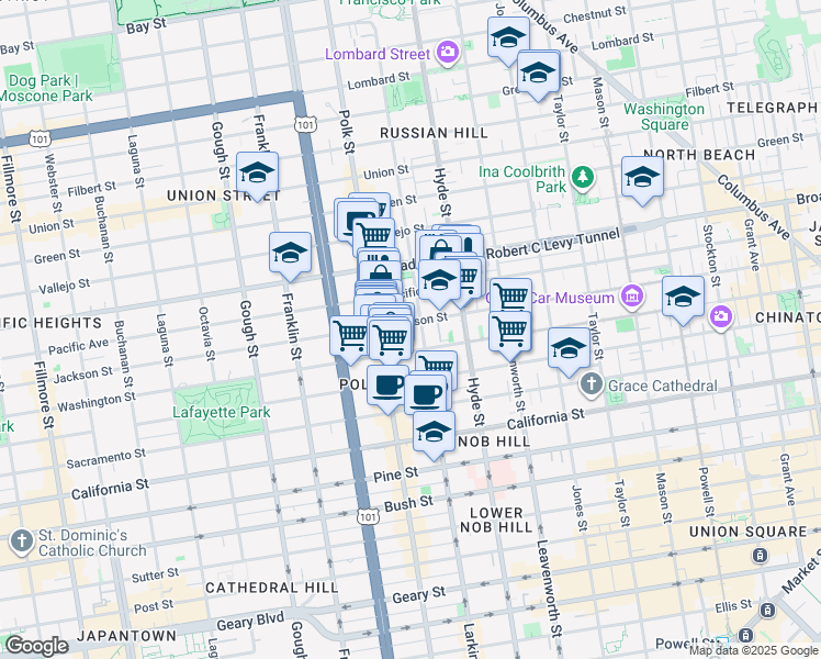 map of restaurants, bars, coffee shops, grocery stores, and more near 1664 Larkin Street in San Francisco
