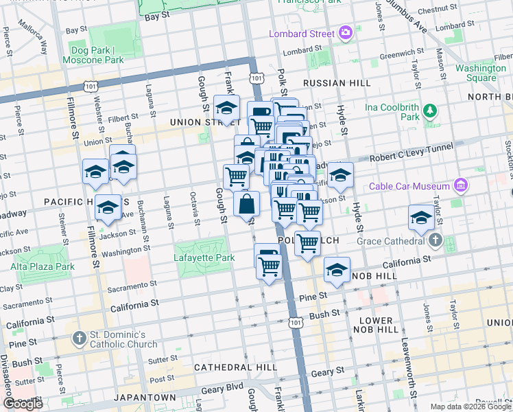 map of restaurants, bars, coffee shops, grocery stores, and more near 1720 Jackson Street in San Francisco