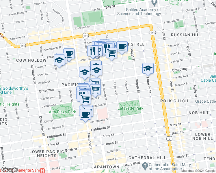 map of restaurants, bars, coffee shops, grocery stores, and more near 2602 Buchanan Street in San Francisco