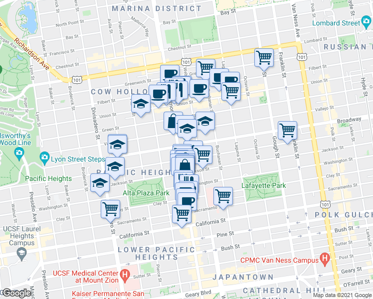 map of restaurants, bars, coffee shops, grocery stores, and more near in San Francisco