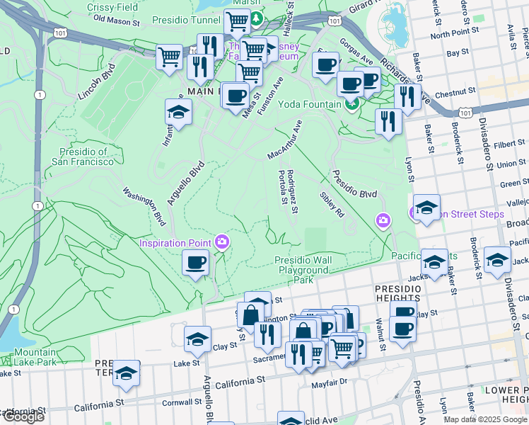 map of restaurants, bars, coffee shops, grocery stores, and more near 8600 MacArthur Avenue in San Francisco