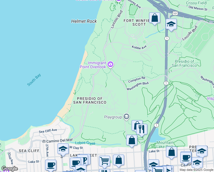 map of restaurants, bars, coffee shops, grocery stores, and more near 1560 Pershing Drive in San Francisco