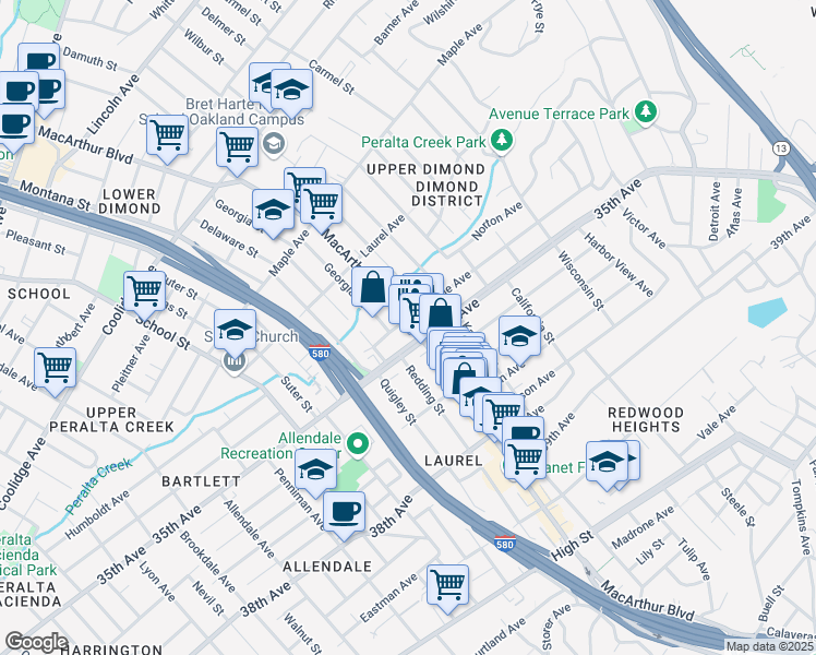 map of restaurants, bars, coffee shops, grocery stores, and more near 3401 MacArthur Boulevard in Oakland