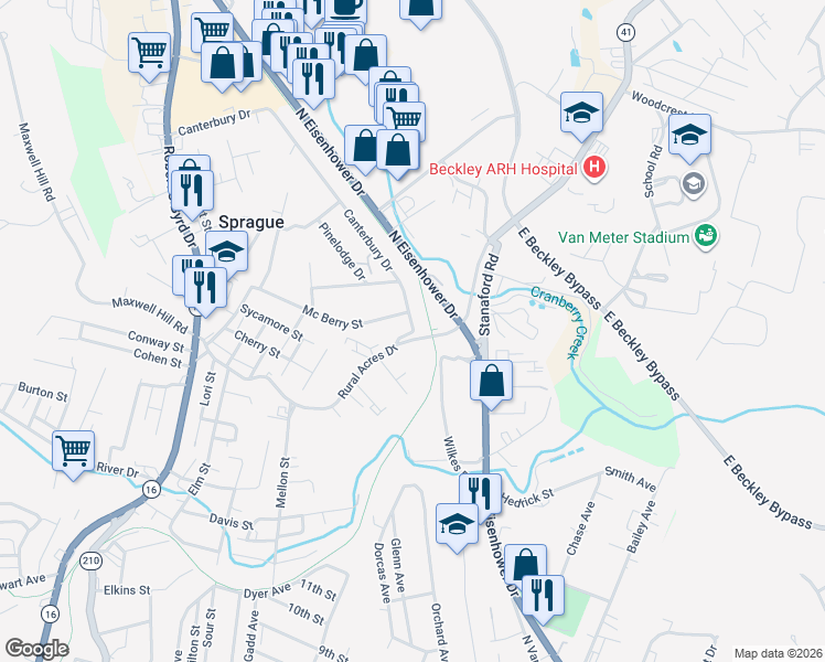 map of restaurants, bars, coffee shops, grocery stores, and more near 154 Canterbury Drive in Beckley
