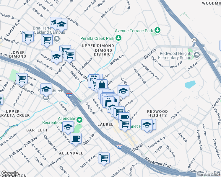 map of restaurants, bars, coffee shops, grocery stores, and more near 3701 Magee Avenue in Oakland