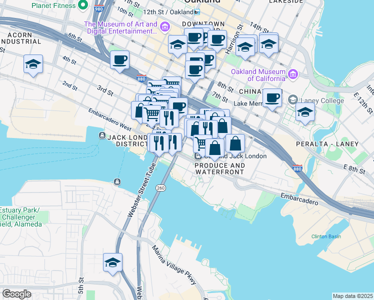 map of restaurants, bars, coffee shops, grocery stores, and more near 255 2nd Street in Oakland
