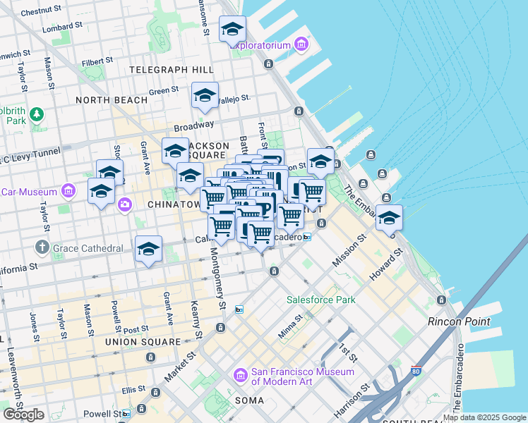 map of restaurants, bars, coffee shops, grocery stores, and more near 353 Sacramento Street in San Francisco