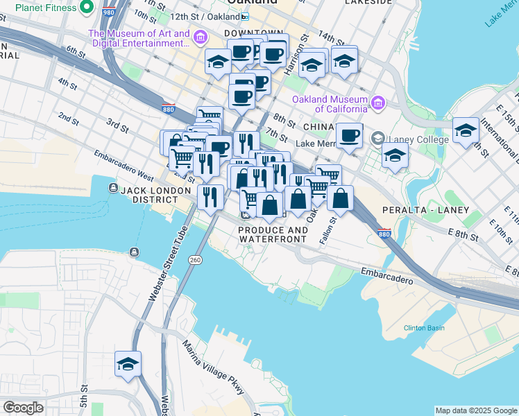 map of restaurants, bars, coffee shops, grocery stores, and more near 228 2nd Street in Oakland