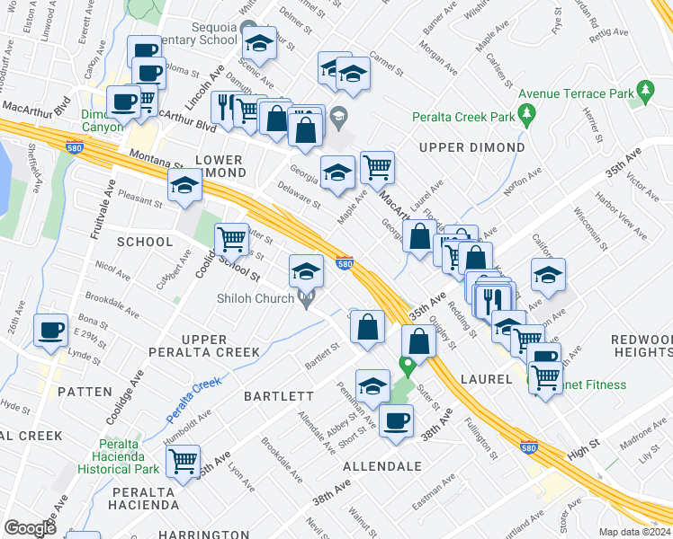 map of restaurants, bars, coffee shops, grocery stores, and more near 3254 Arkansas Street in Oakland