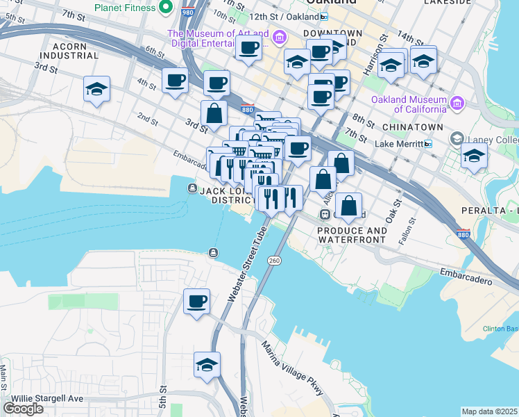 map of restaurants, bars, coffee shops, grocery stores, and more near 20 Franklin Street in Oakland