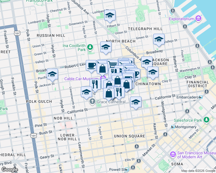 map of restaurants, bars, coffee shops, grocery stores, and more near 115 Wetmore Street in San Francisco