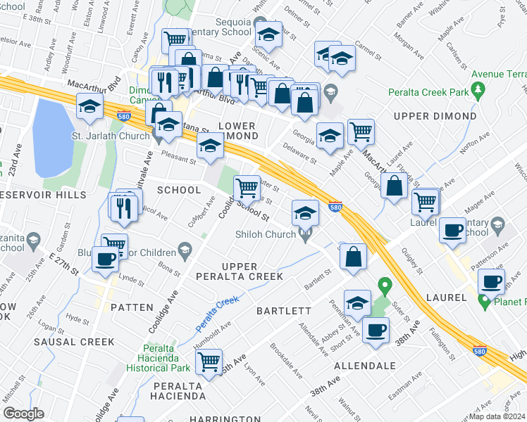 map of restaurants, bars, coffee shops, grocery stores, and more near 3120 School Street in Oakland