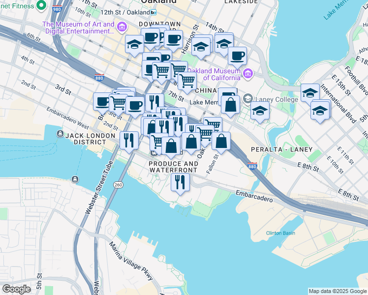 map of restaurants, bars, coffee shops, grocery stores, and more near 189 3rd Street in Oakland