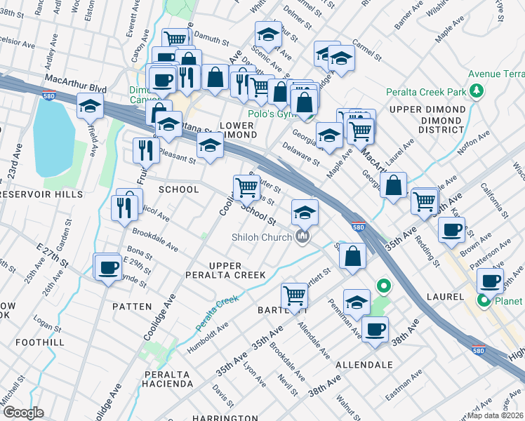 map of restaurants, bars, coffee shops, grocery stores, and more near 3120 School Street in Oakland