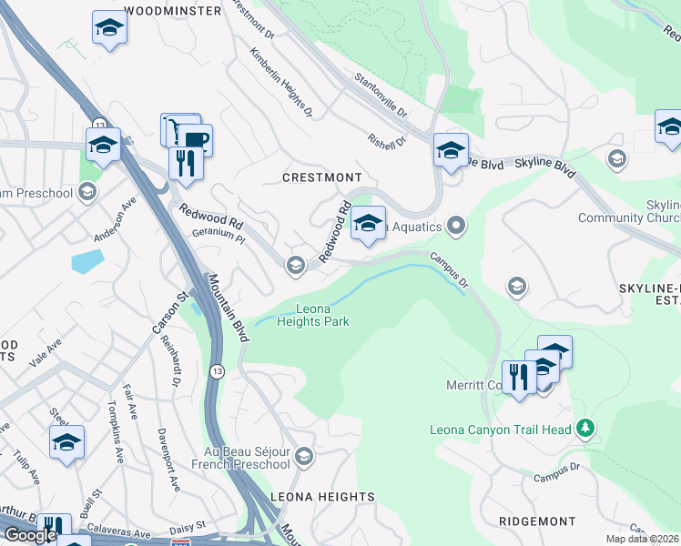 map of restaurants, bars, coffee shops, grocery stores, and more near 4676 Redwood Road in Oakland