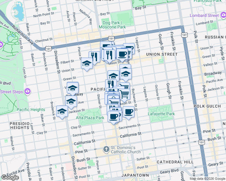 map of restaurants, bars, coffee shops, grocery stores, and more near in San Francisco