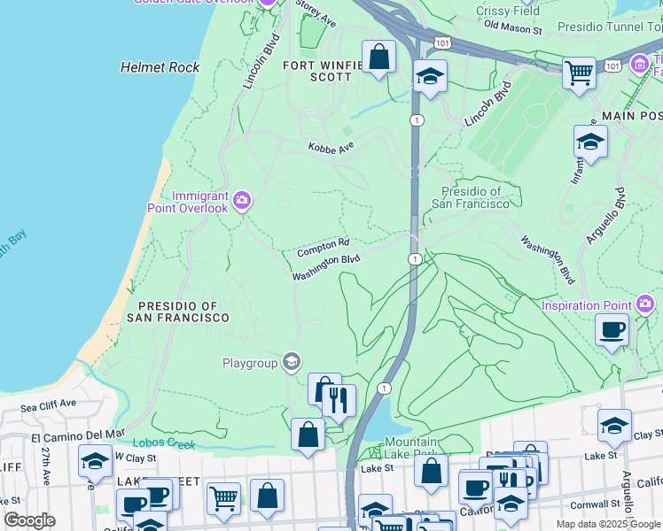 map of restaurants, bars, coffee shops, grocery stores, and more near 1403 Washington Boulevard in San Francisco