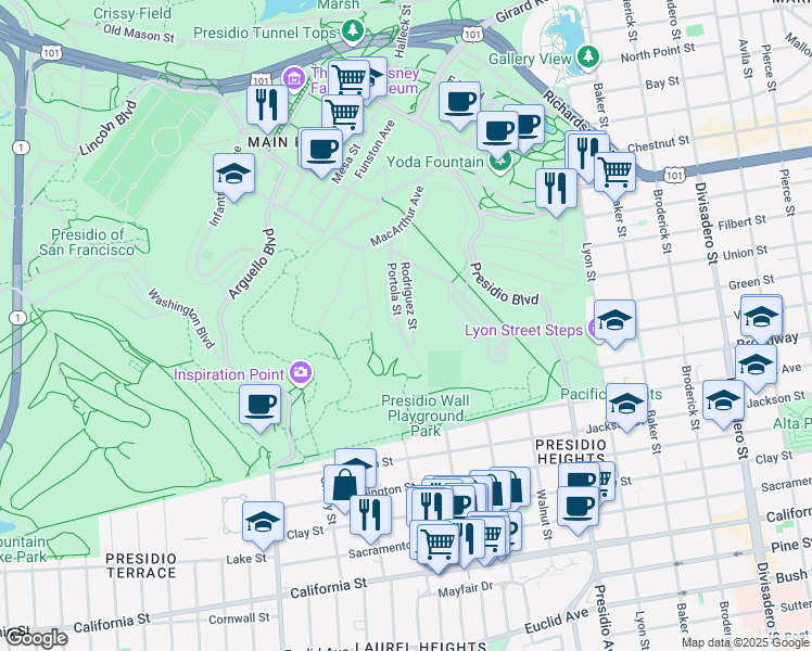 map of restaurants, bars, coffee shops, grocery stores, and more near 760a Rodriguez Street in San Francisco