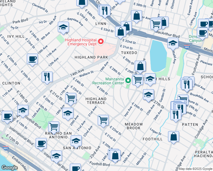 map of restaurants, bars, coffee shops, grocery stores, and more near 2031 East 26th Street in Oakland