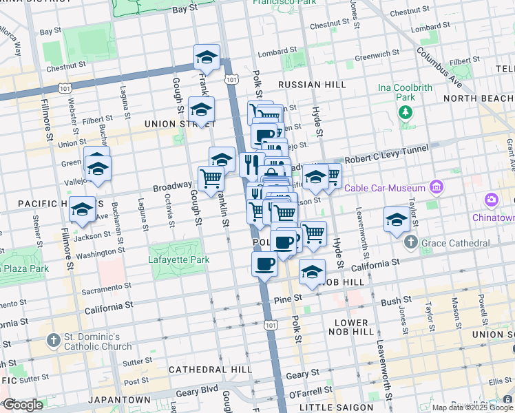 map of restaurants, bars, coffee shops, grocery stores, and more near 1653 Jackson Street in San Francisco