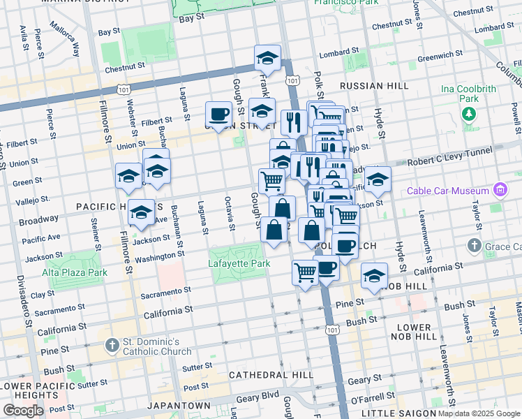 map of restaurants, bars, coffee shops, grocery stores, and more near 1895 Pacific Avenue in San Francisco