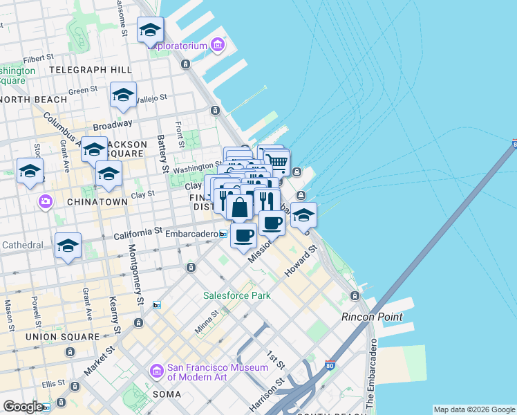 map of restaurants, bars, coffee shops, grocery stores, and more near 1 Market Street in San Francisco