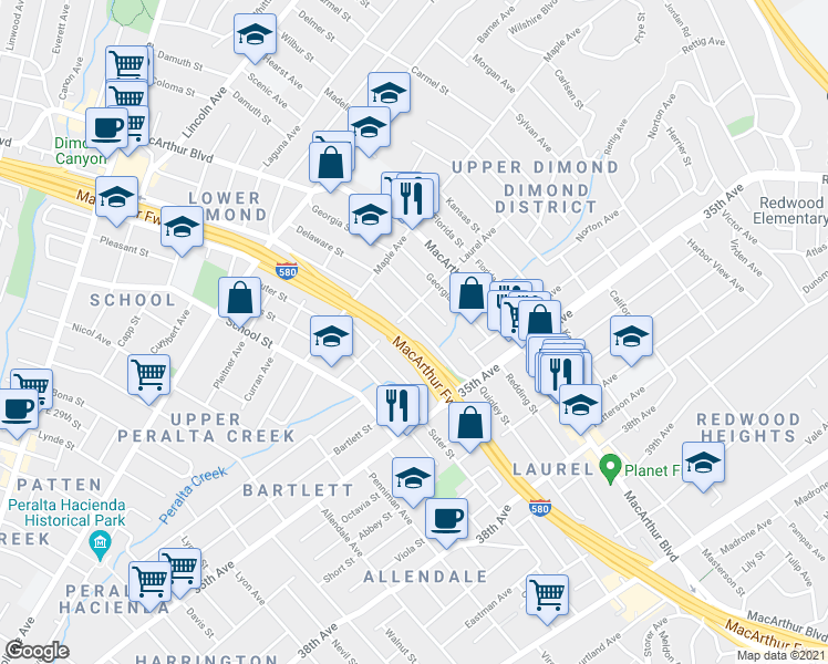 map of restaurants, bars, coffee shops, grocery stores, and more near 3229 Delaware Street in Oakland