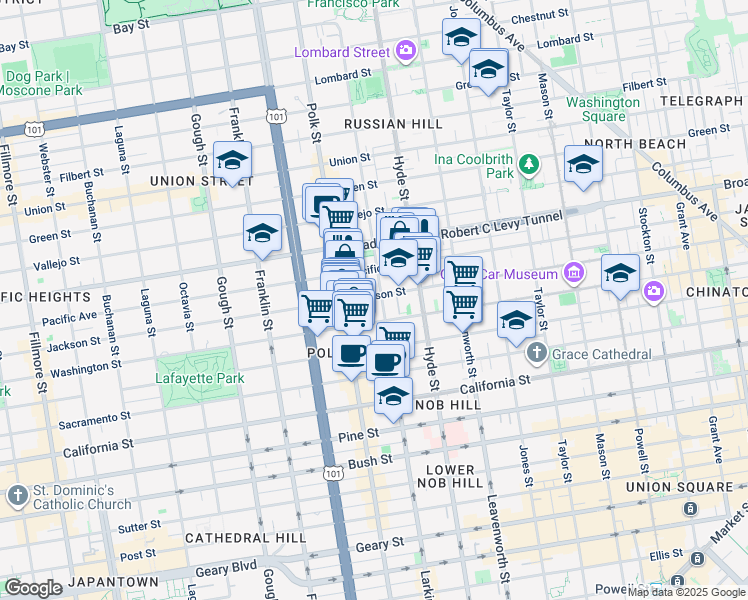 map of restaurants, bars, coffee shops, grocery stores, and more near 1519 Jackson Street in San Francisco