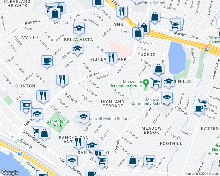 map of restaurants, bars, coffee shops, grocery stores, and more near 1911 East 25th Street in Oakland