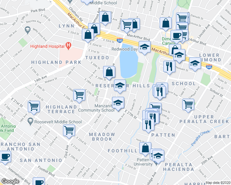 map of restaurants, bars, coffee shops, grocery stores, and more near 2755 Grande Vista Avenue in Oakland