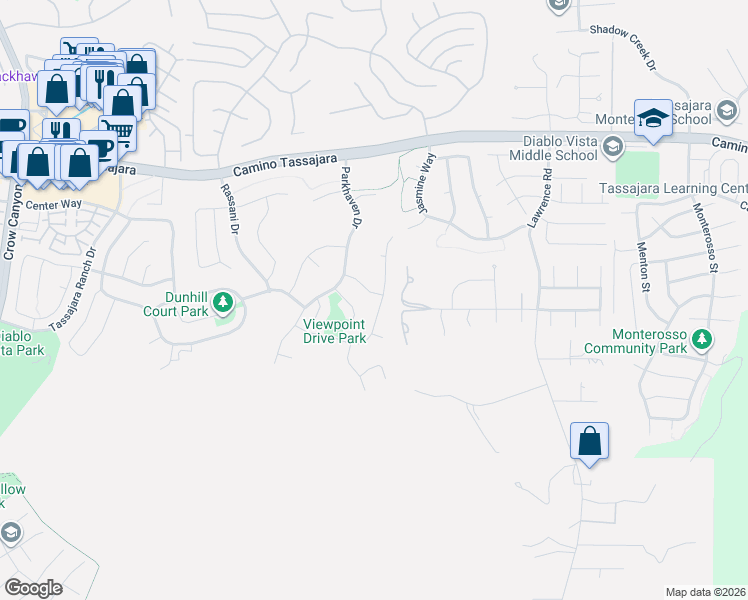 map of restaurants, bars, coffee shops, grocery stores, and more near 415 Skycrest Drive in Danville
