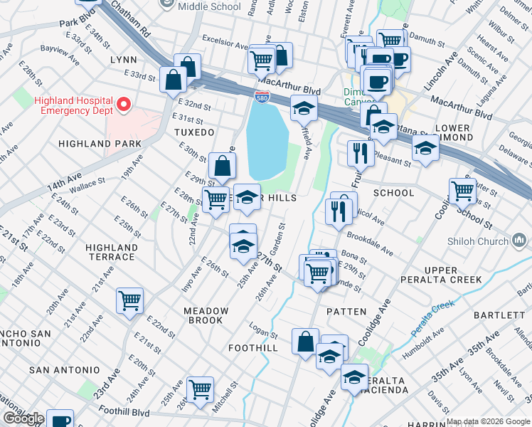 map of restaurants, bars, coffee shops, grocery stores, and more near 2795 25th Avenue in Oakland