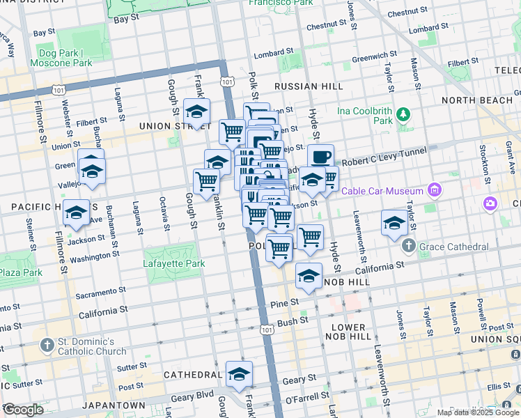 map of restaurants, bars, coffee shops, grocery stores, and more near 1653 Jackson Street in San Francisco