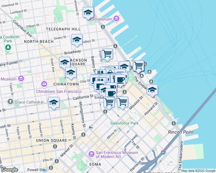 map of restaurants, bars, coffee shops, grocery stores, and more near 2 Embarcadero Center in San Francisco