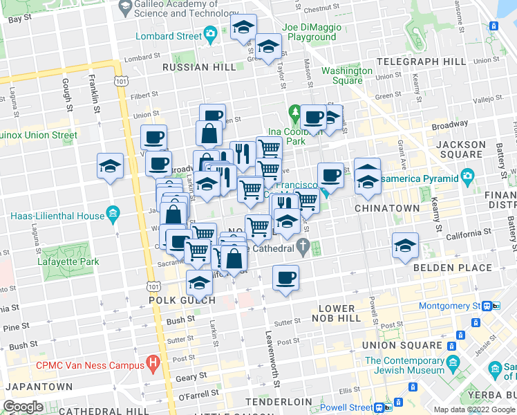map of restaurants, bars, coffee shops, grocery stores, and more near 1370 Washington Street in San Francisco