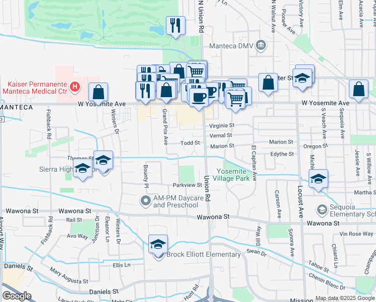 map of restaurants, bars, coffee shops, grocery stores, and more near 467 Lynette Place in Manteca