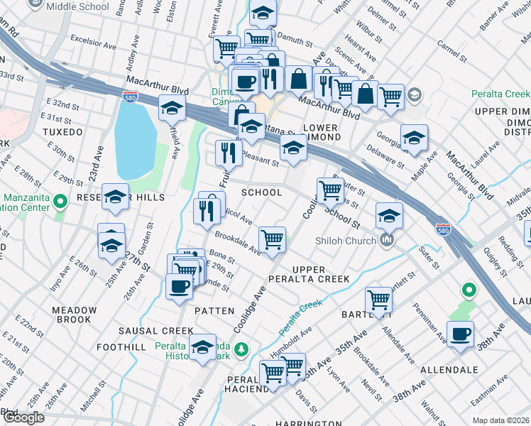 map of restaurants, bars, coffee shops, grocery stores, and more near 3022 Capp Street in Oakland
