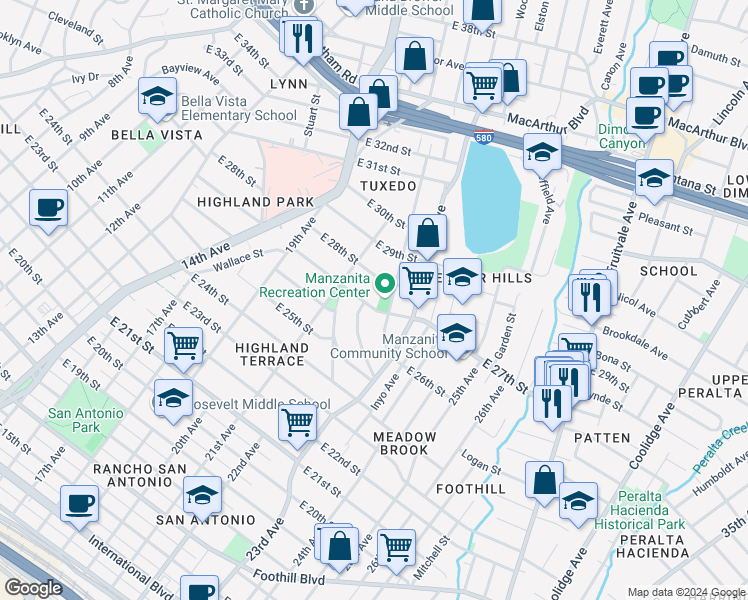 map of restaurants, bars, coffee shops, grocery stores, and more near 2139 East 27th Street in Oakland