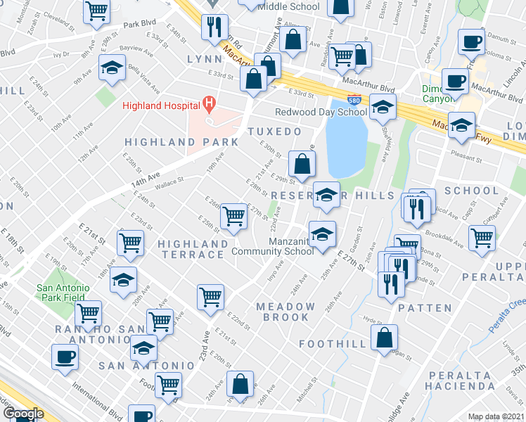 map of restaurants, bars, coffee shops, grocery stores, and more near 2139 East 27th Street in Oakland